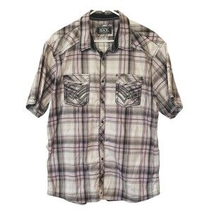 BUCKLE Black Pearl Snap Shirt Mens XL Black Gray Plaid Short Sleeve Athletic Fit